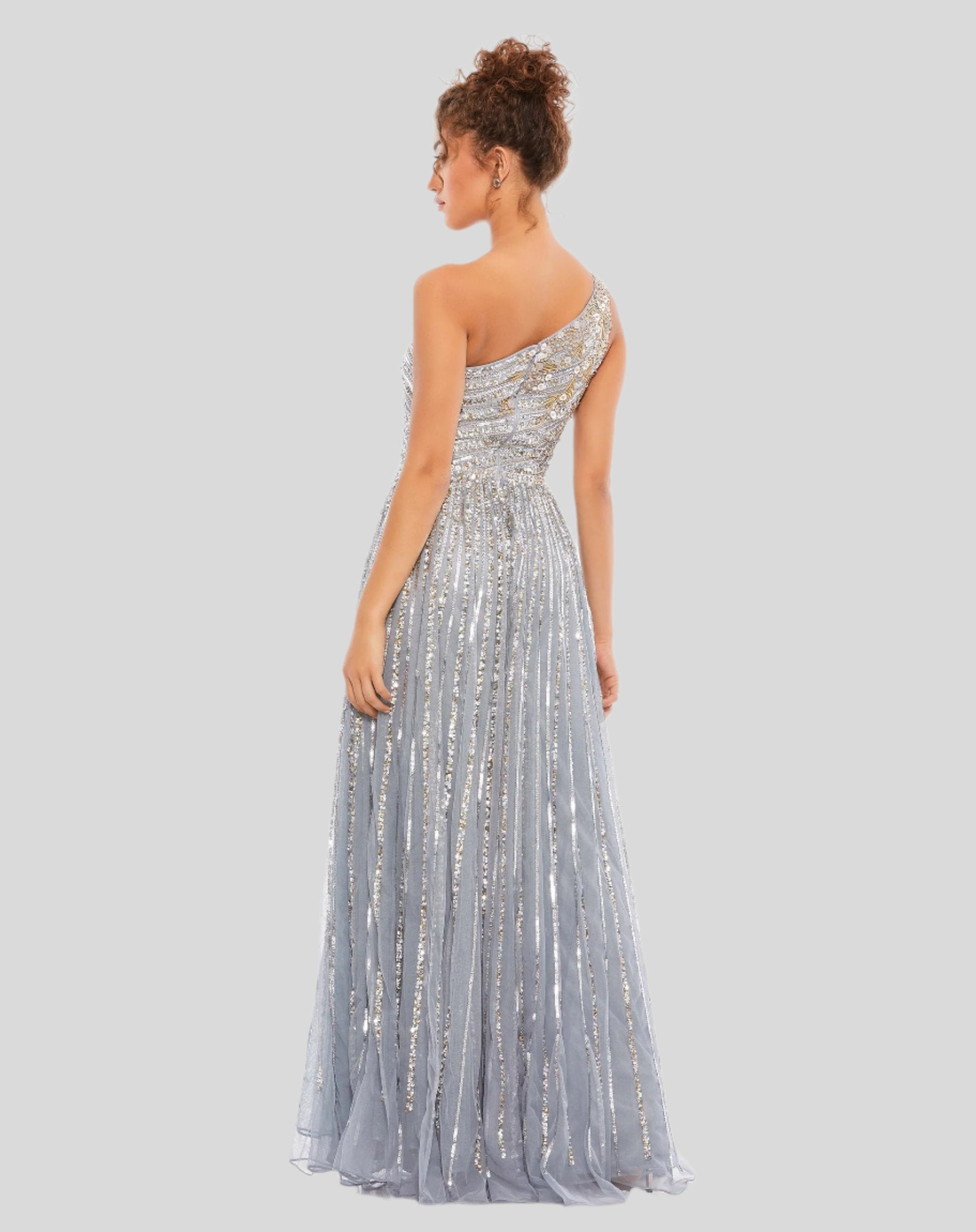 Embellished One Shoulder A-Line Gown - Platinum