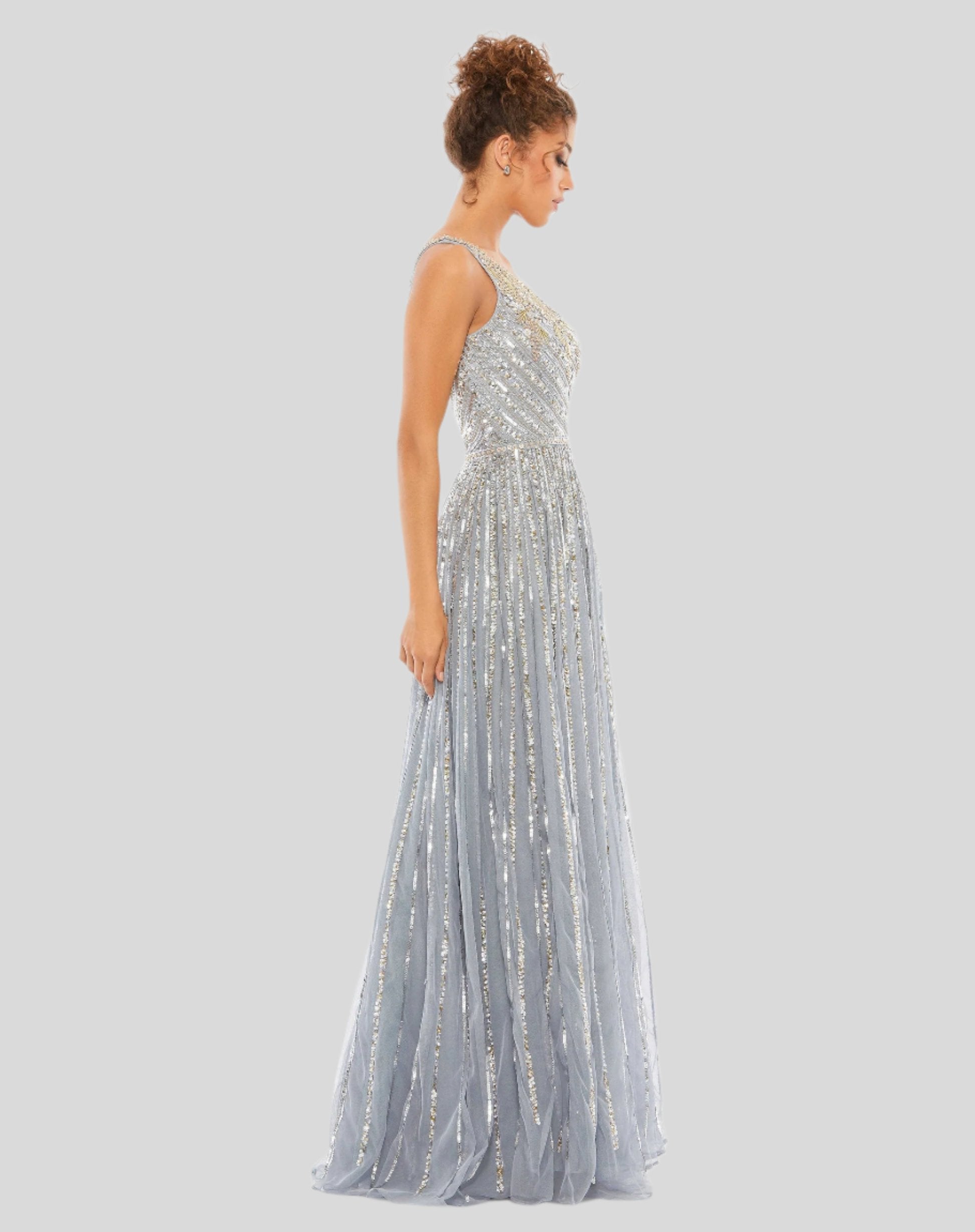 Embellished One Shoulder A-Line Gown - Platinum