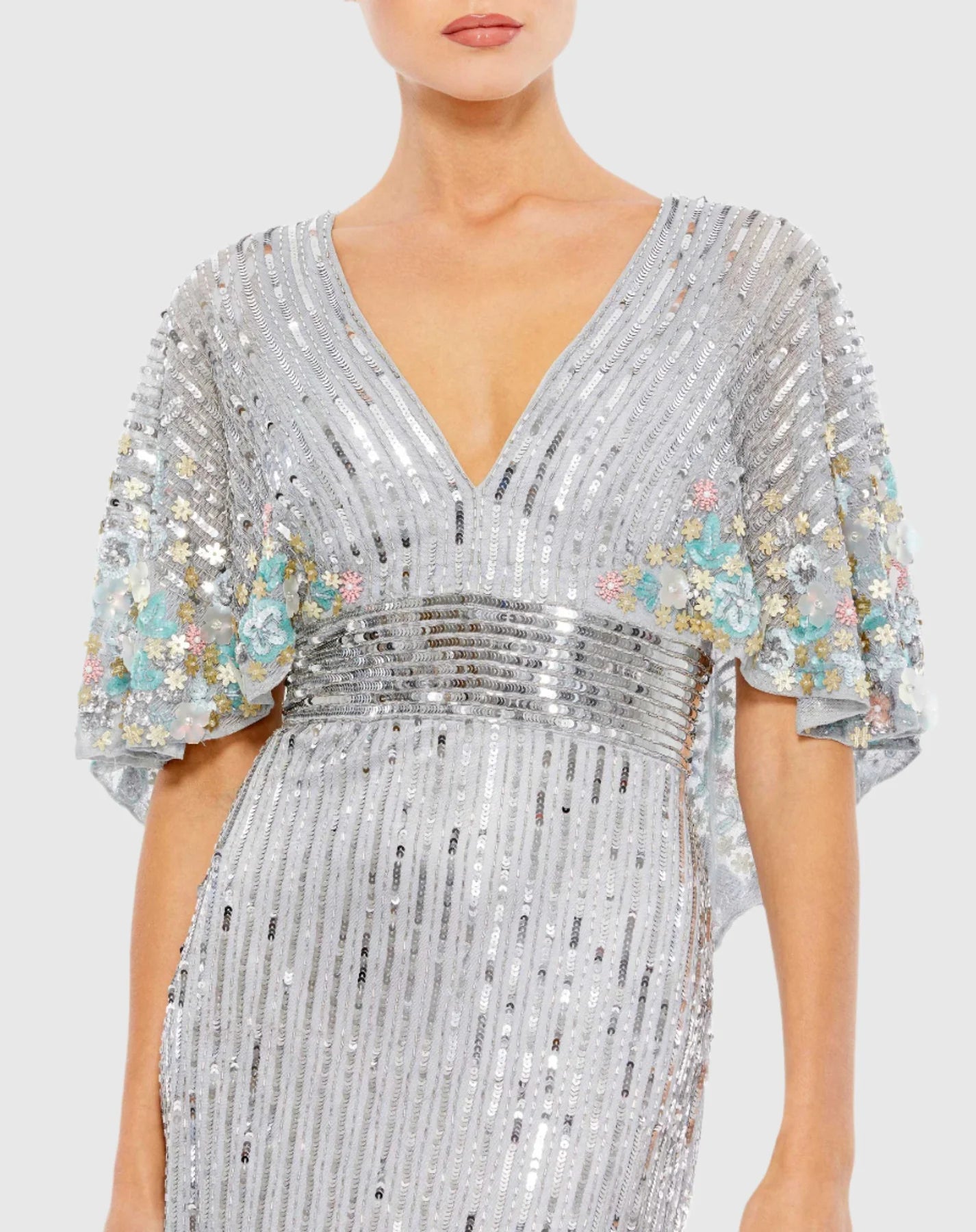 Sequin V Neck Floral Cape Gown - Platinum