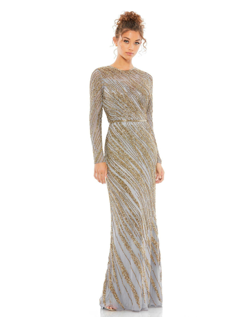 Long sleeve beaded column modest gown - Silver