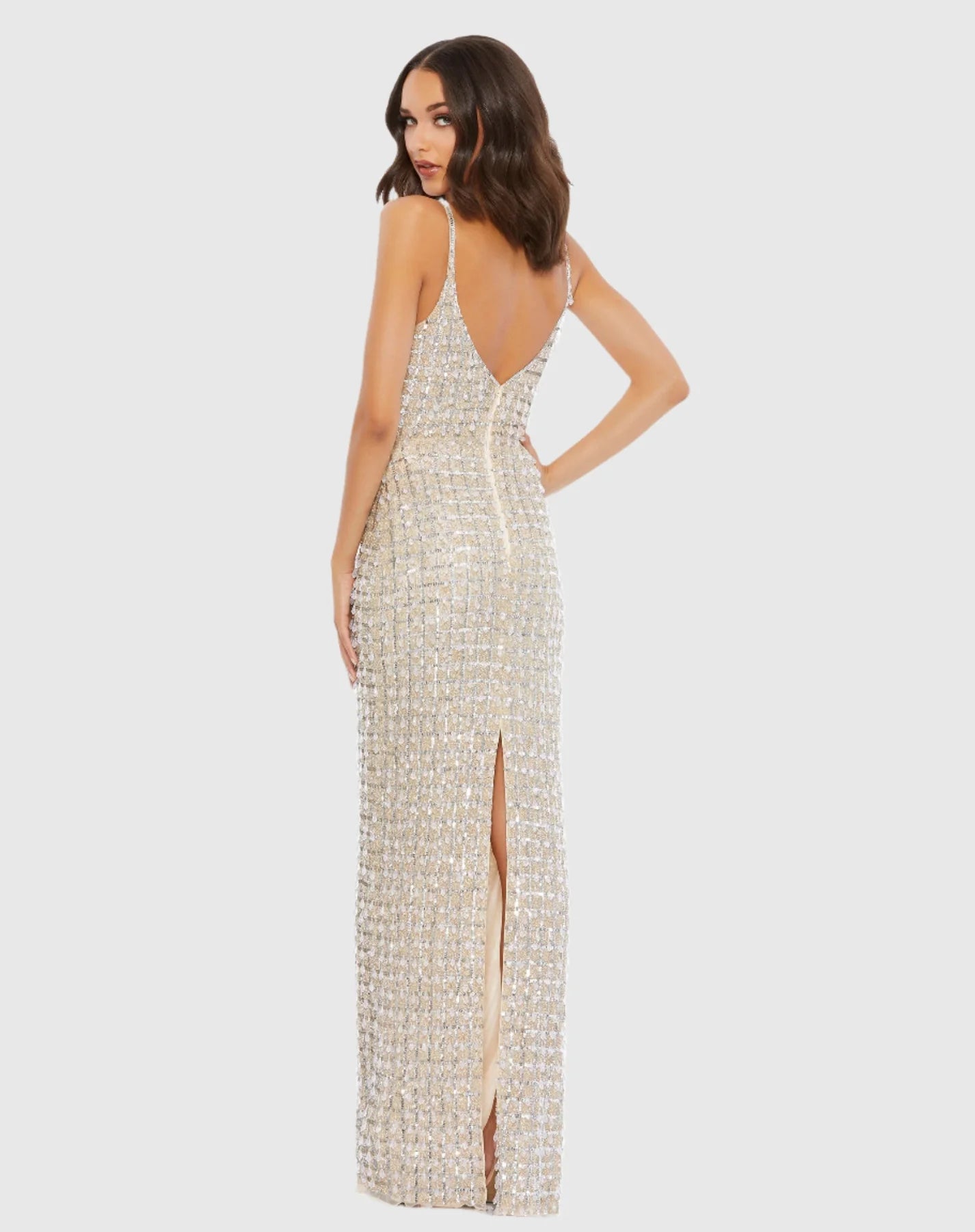 Crystal embellished plunge V-neck gown - Nude