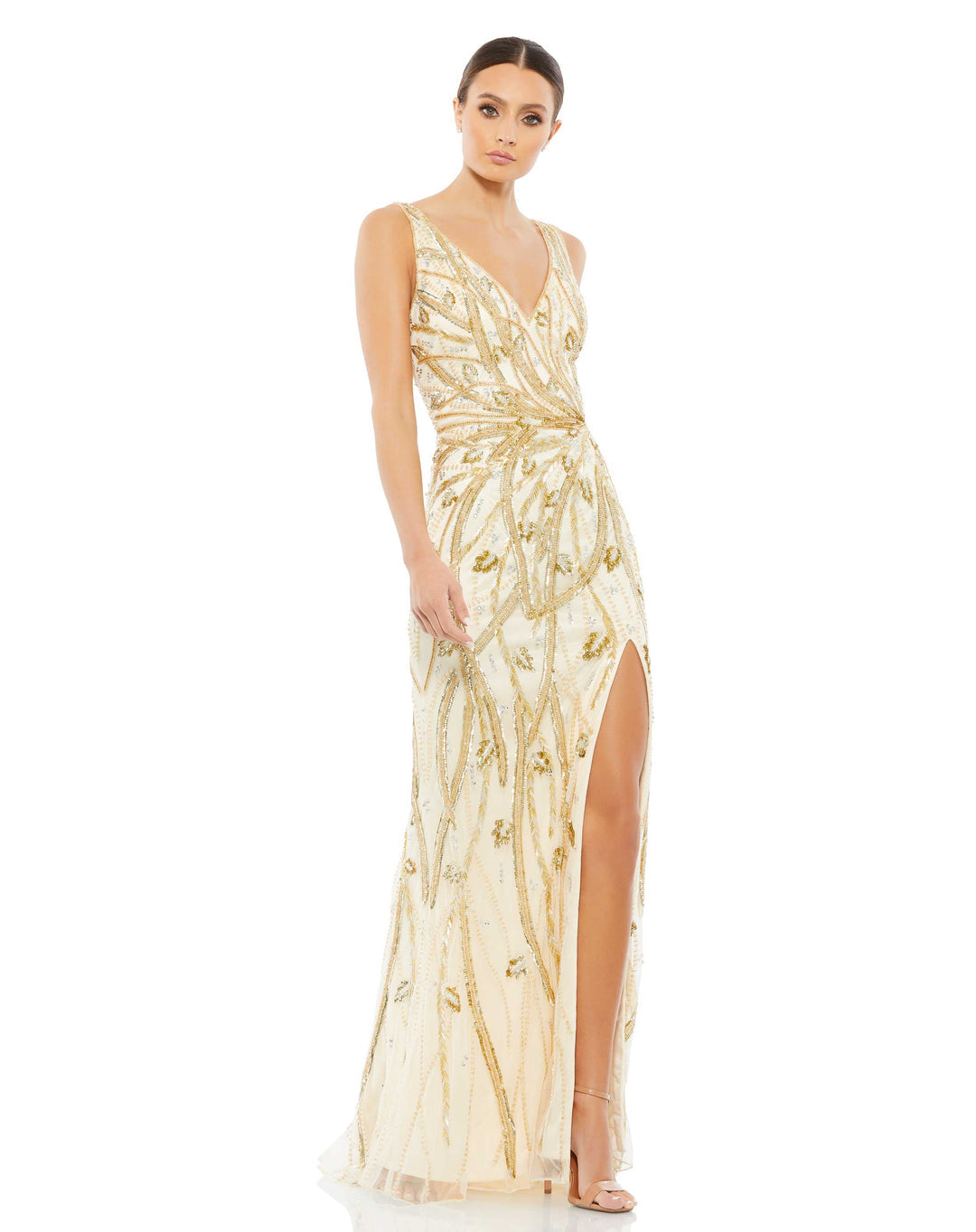 MAC DUGGAL, BEADED SLEEVELESS V NECK GOWN, NUDE, Style #5478