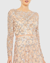 Embellished illusion high neck long sleeve A-line modest gown - Blush