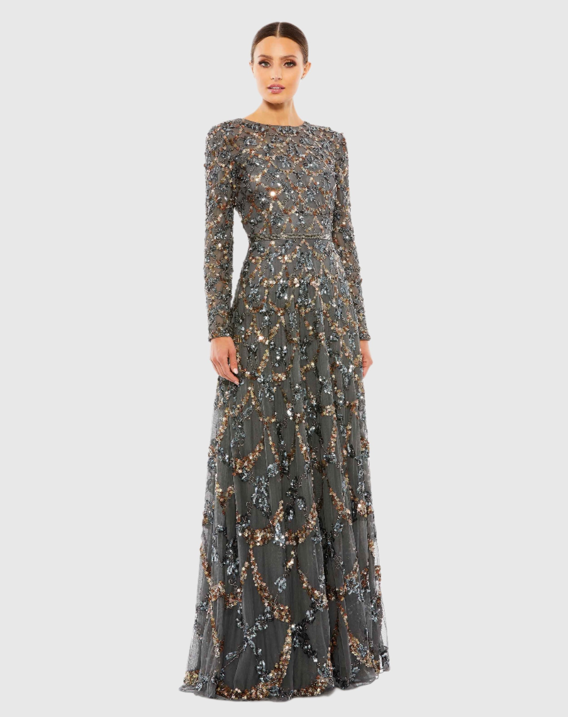 Embellished illusion high neck long sleeve A-line modest gown - Blush