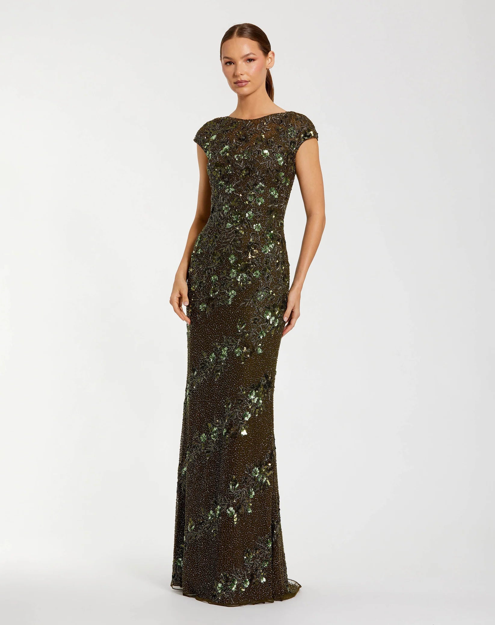 Mac Duggal #5500 Embellished Cap Sleeve Gown - Olive Green