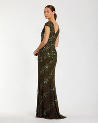 Embellished Cap Sleeve Gown - Olive