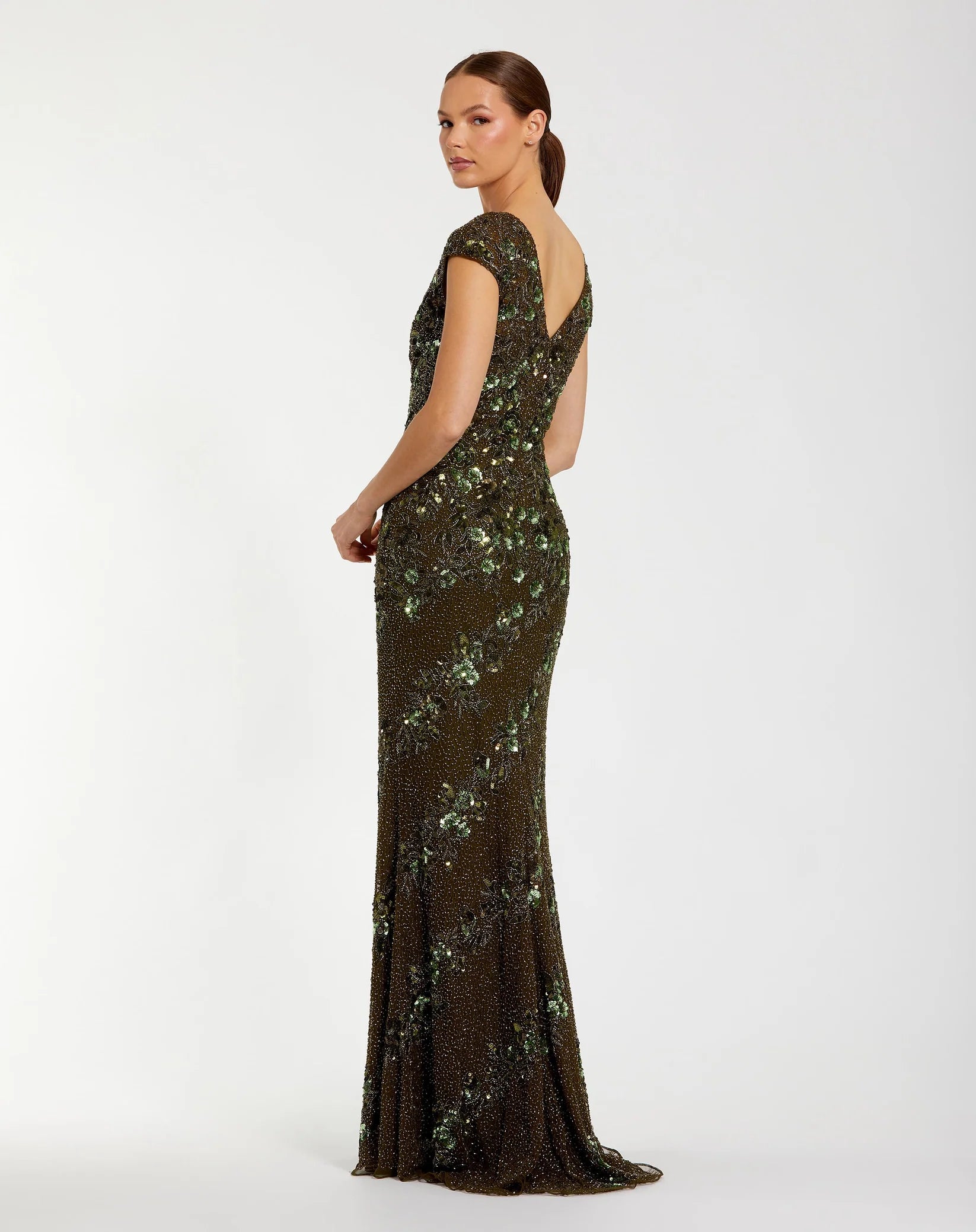 Embellished Cap Sleeve Gown - Olive