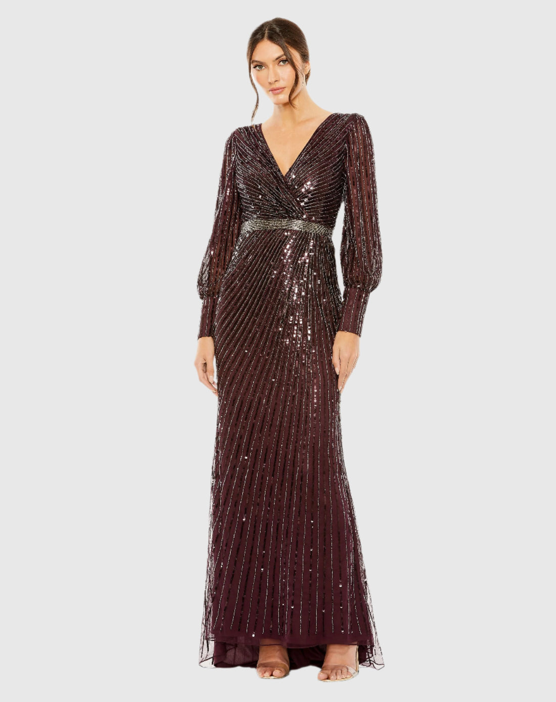Sequin Long Sleeve Wrap Gown - Silver
