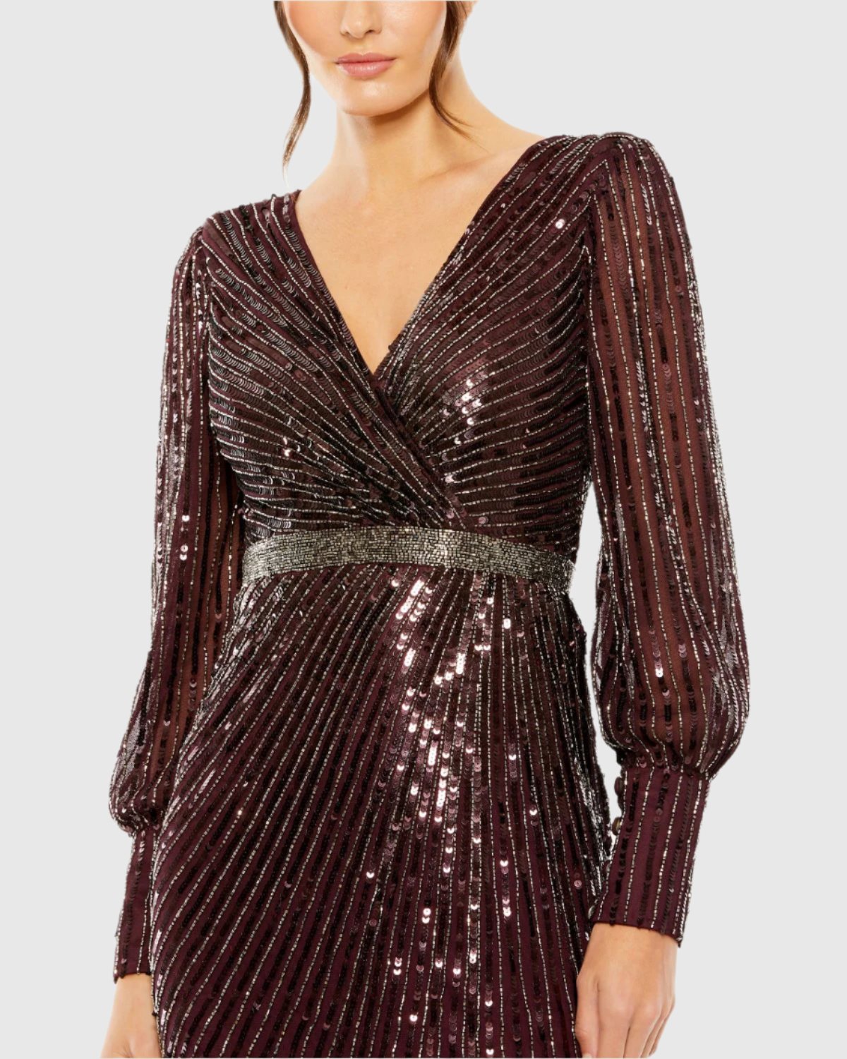 Sequin Long Sleeve Wrap Gown - Silver