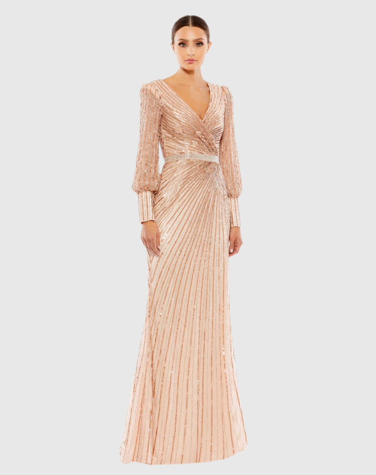 Sequin Long Sleeve Wrap Gown - Silver