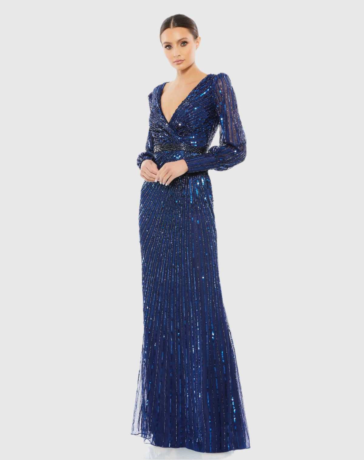 Sequin Long Sleeve Wrap Gown - Silver