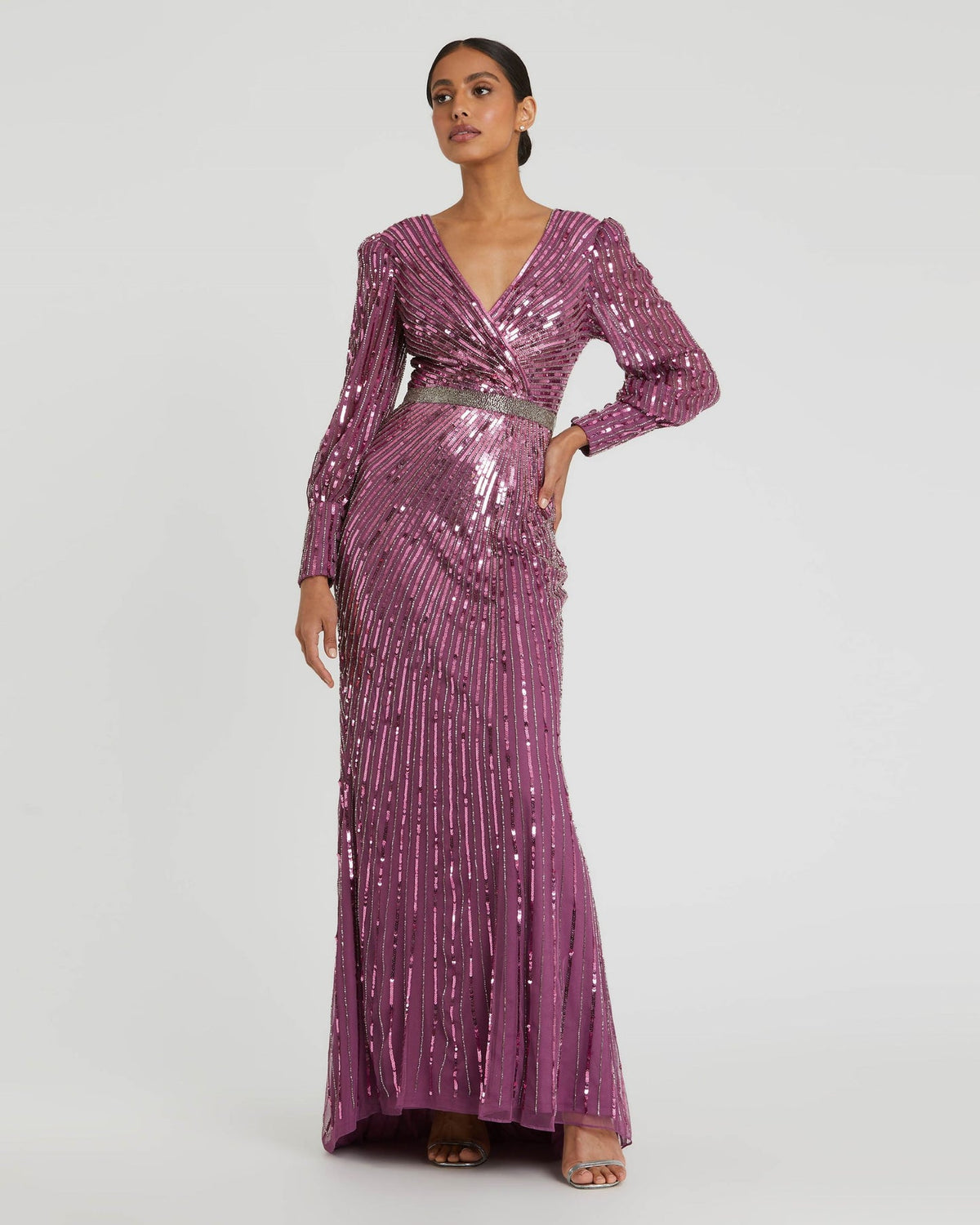 Sequin Long Sleeve Wrap Gown - Silver