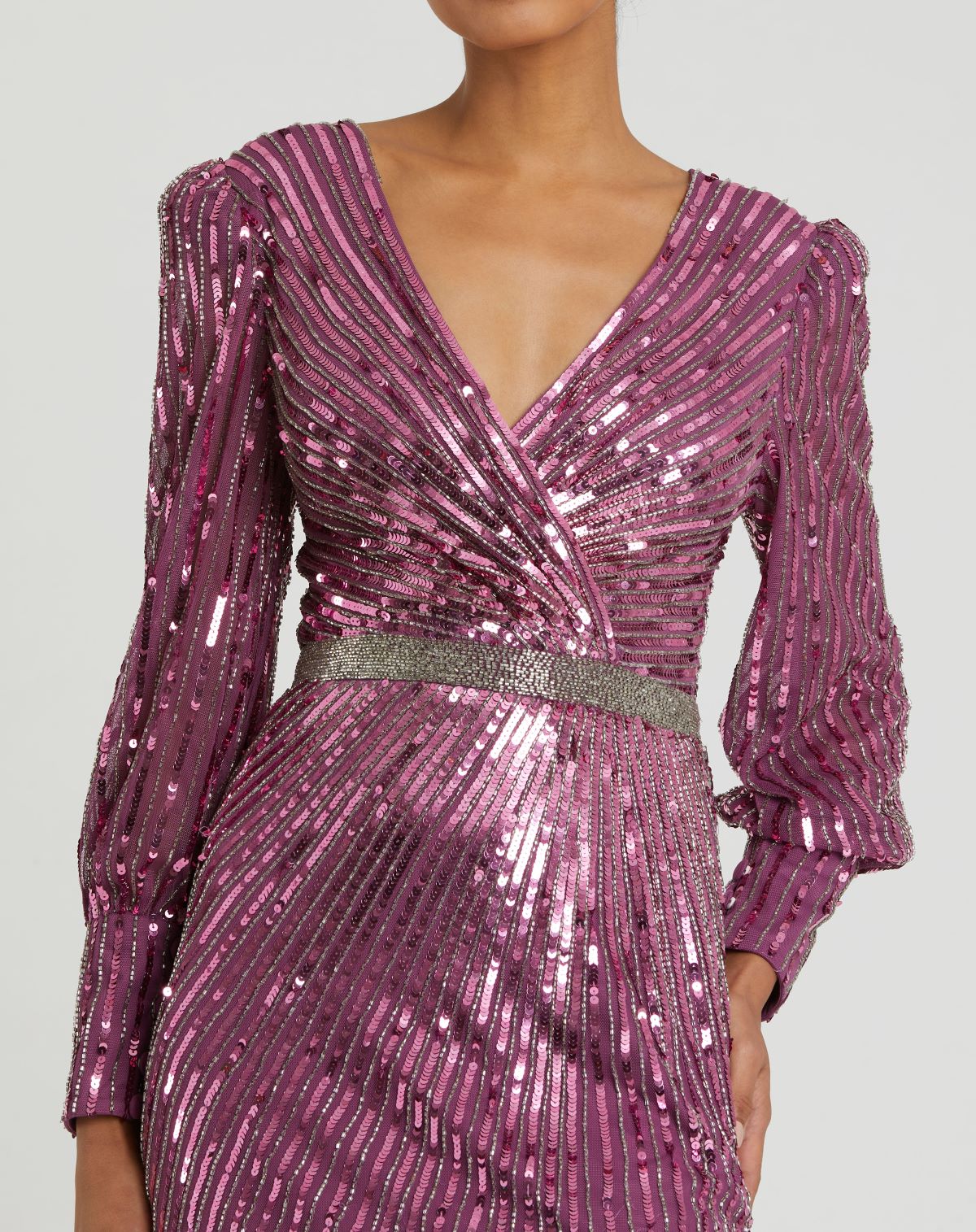 Sequin Long Sleeve Wrap Gown - Silver