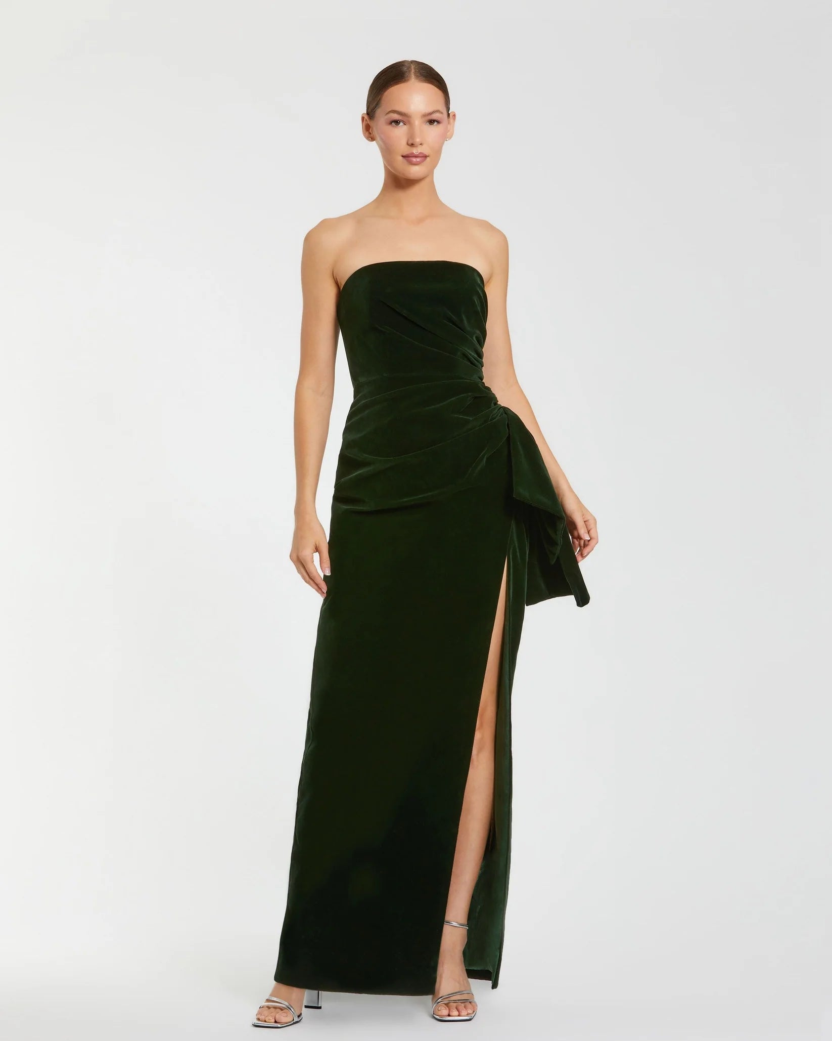 Mac Duggal #55080 Strapless High Slit Draped Velvet Gown - Olive