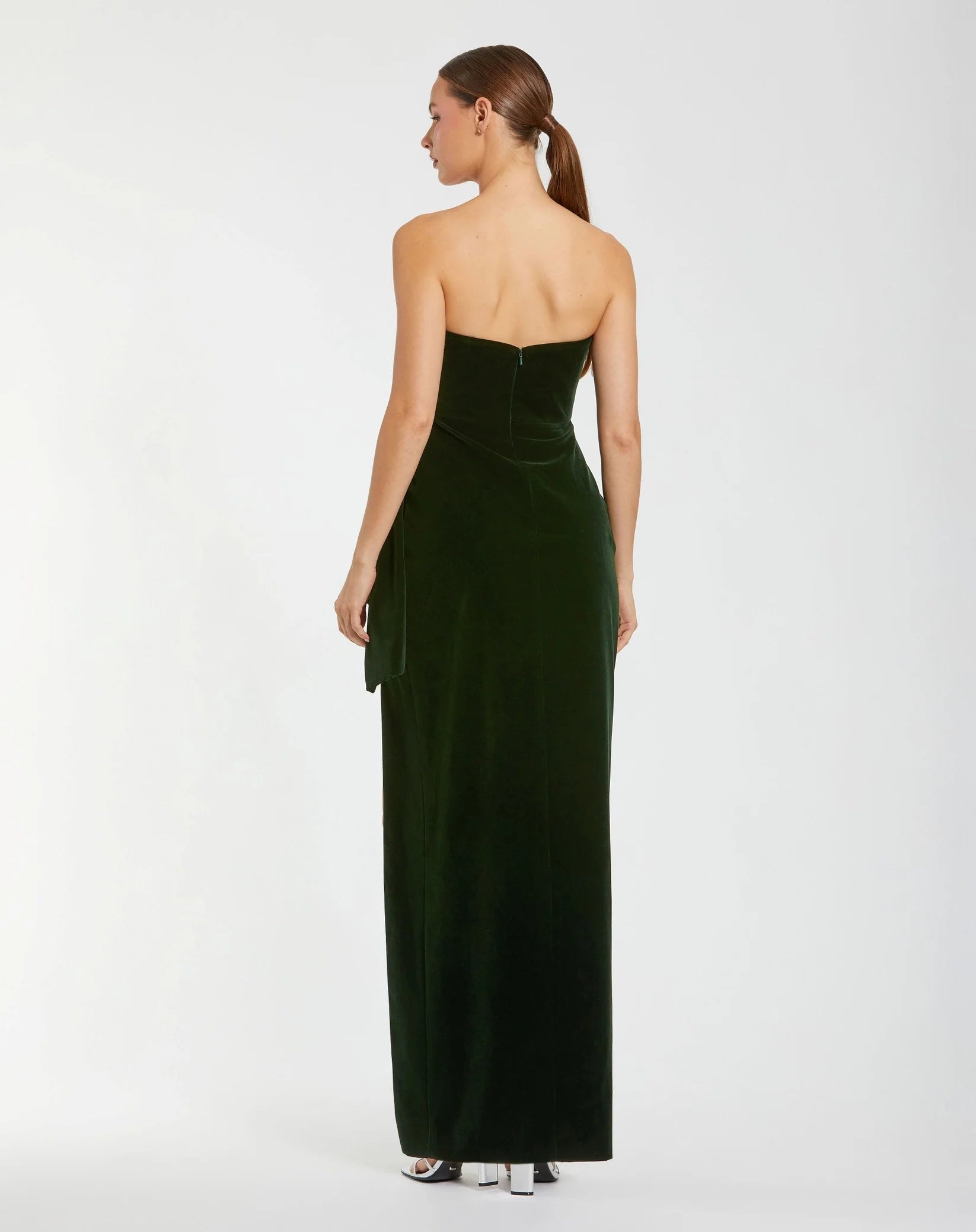 Strapless High Slit Draped Velvet Gown - Olive