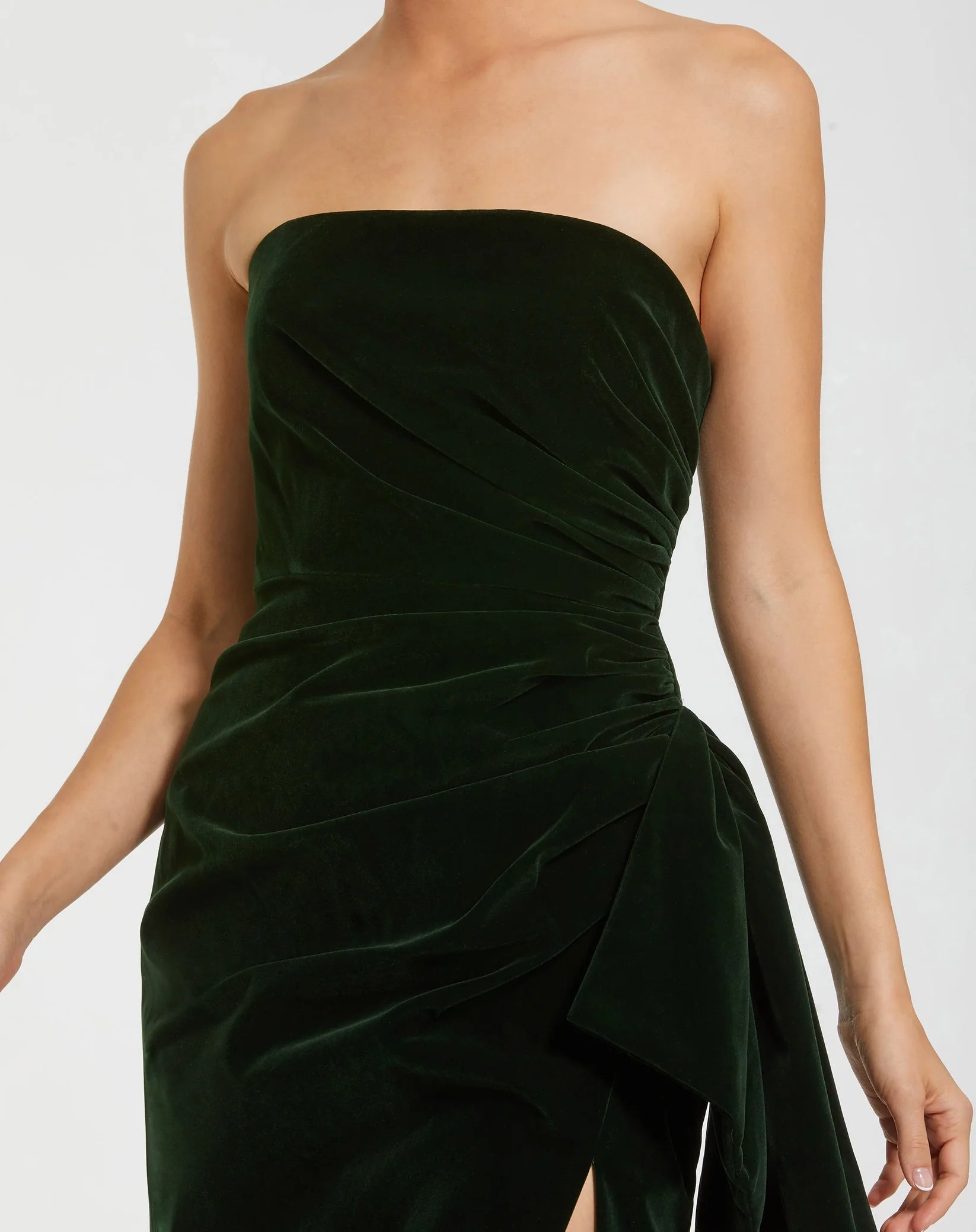 Strapless High Slit Draped Velvet Gown - Olive