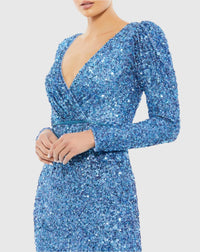 Sequin Wrap Over Puff Long Sleeve Gown - French Blue