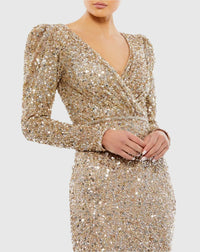 Sequin Wrap Over Puff Long Sleeve Gown - French Blue