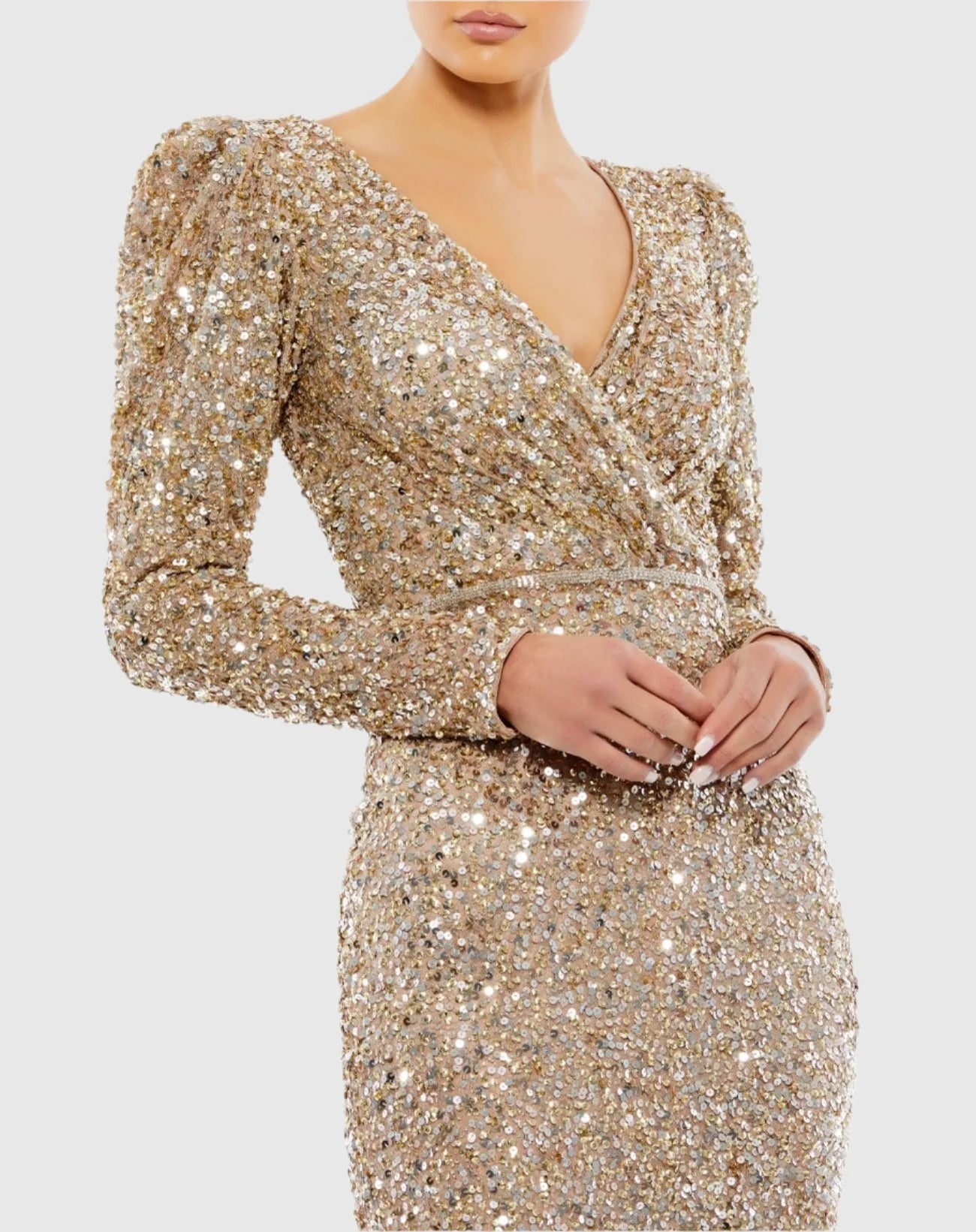 Sequin Wrap Over Puff Long Sleeve Gown - French Blue