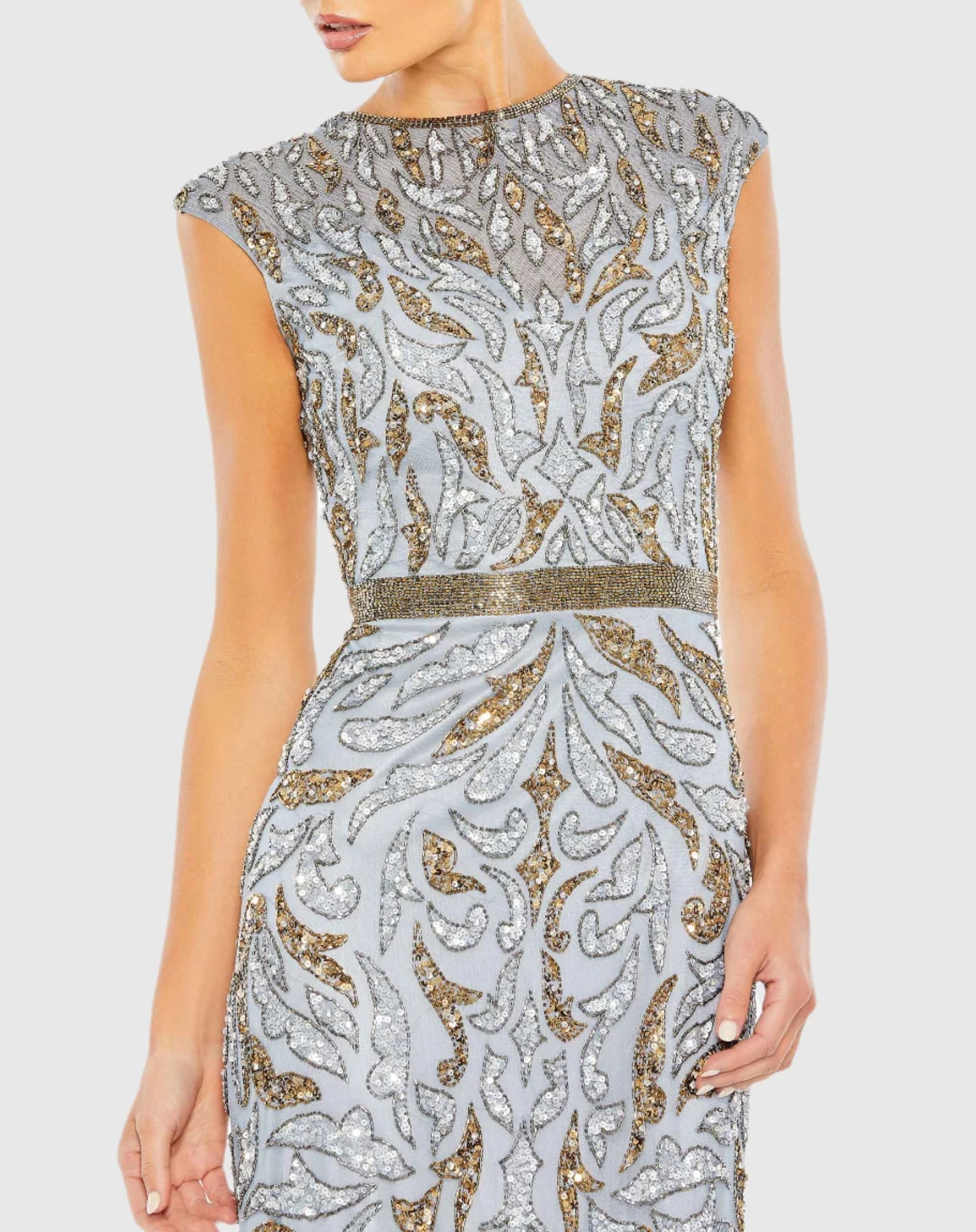 Embellished Illusion Cap Sleeve Column Gown - White