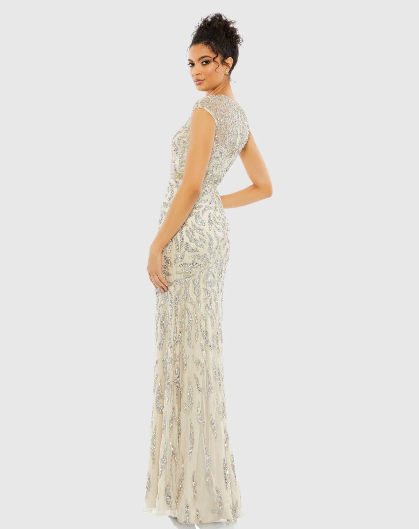 Embellished Illusion Cap Sleeve Column Gown - White