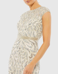 Embellished Illusion Cap Sleeve Column Gown - White