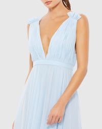 Pleated chiffon sleeveless V-neck gown - Powder Blue