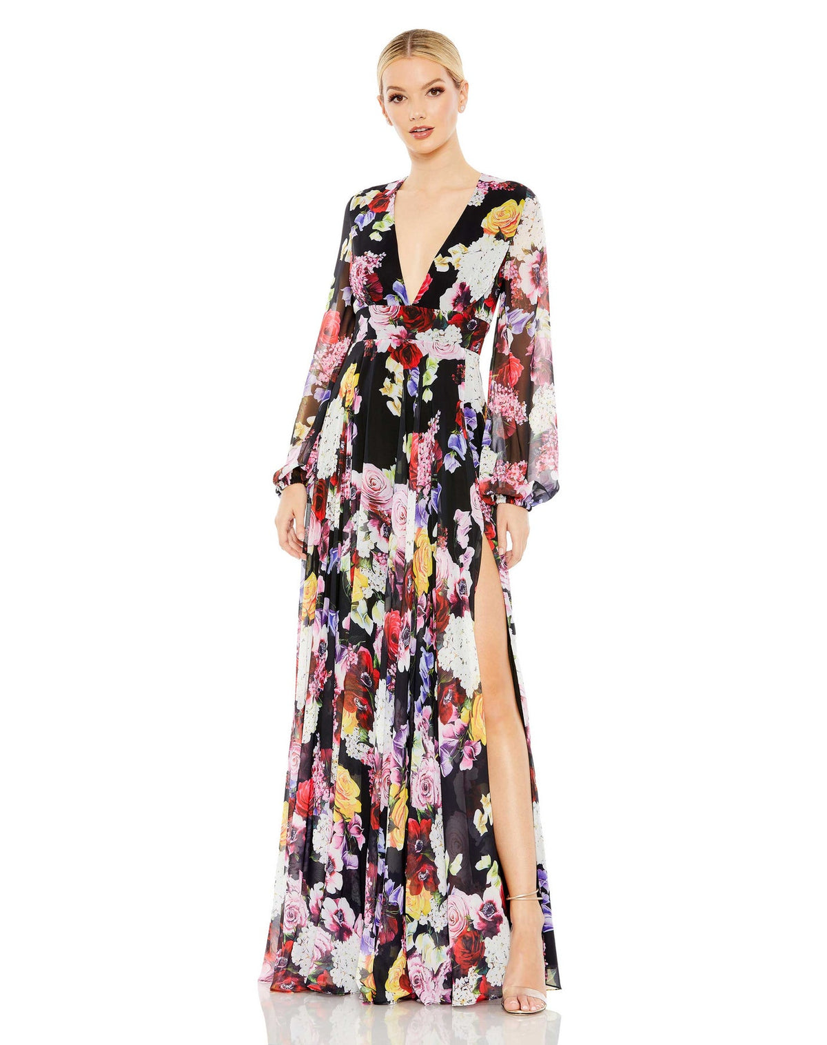 Mac Duggal Style #55660 Long sleeve floral print sun dress - Black