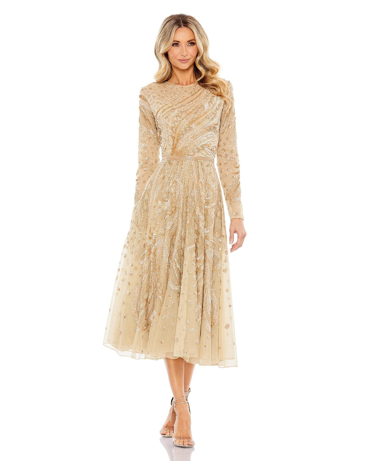 mac duggal, EMBELLISHED ILLUSION HIGH NECK LONG SLEEVE DRESS, modest dress, Style #5572, gold