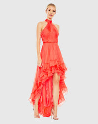 Mac Duggal, Ruffle Tiered High Low Pleated Halter Neck Gown Tangerine #55807