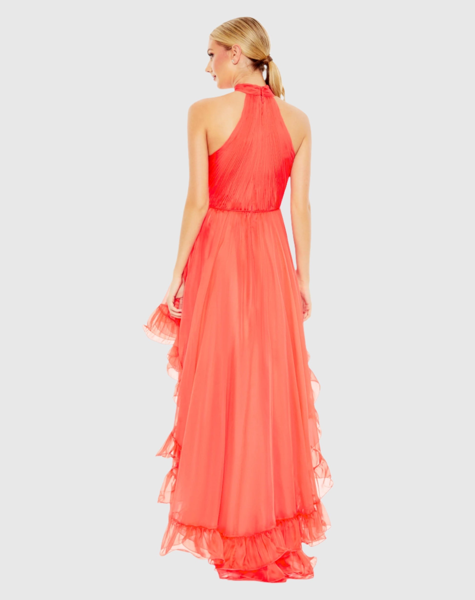 Ruffle Tiered High Low Pleated Halter Neck Gown - Tangerine
