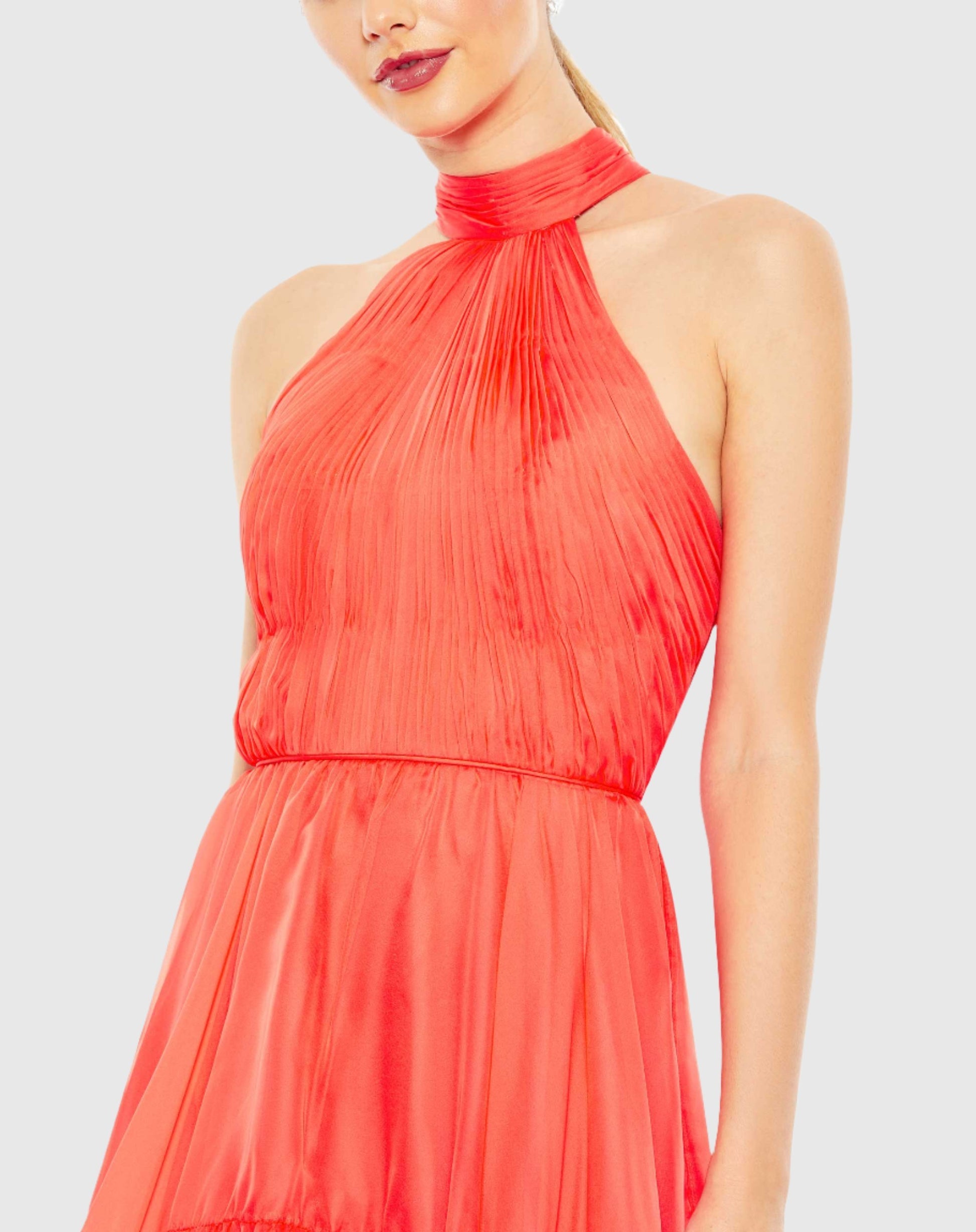 Ruffle Tiered High Low Pleated Halter Neck Gown - Tangerine