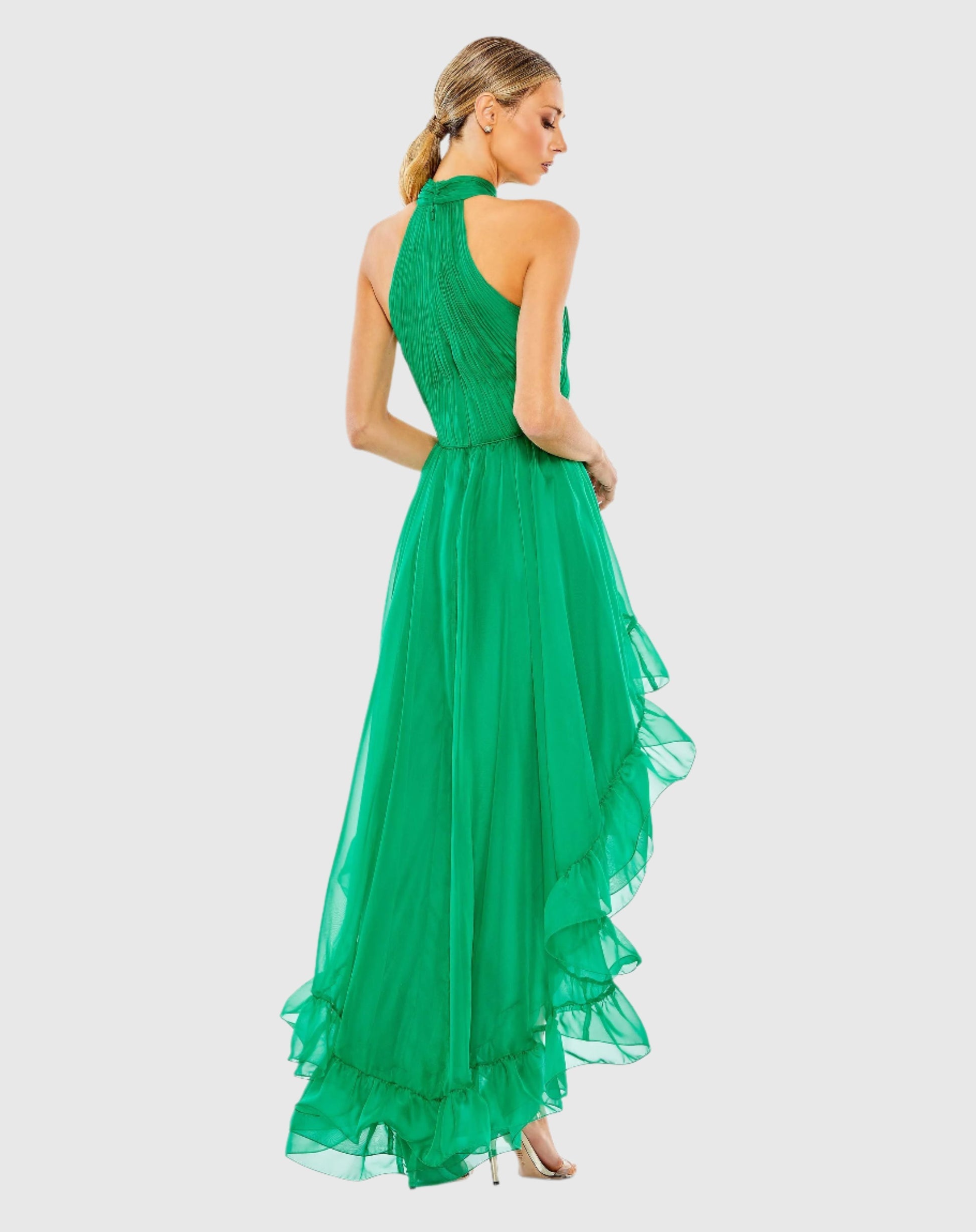Ruffle Tiered High Low Pleated Halter Neck Gown - Tangerine