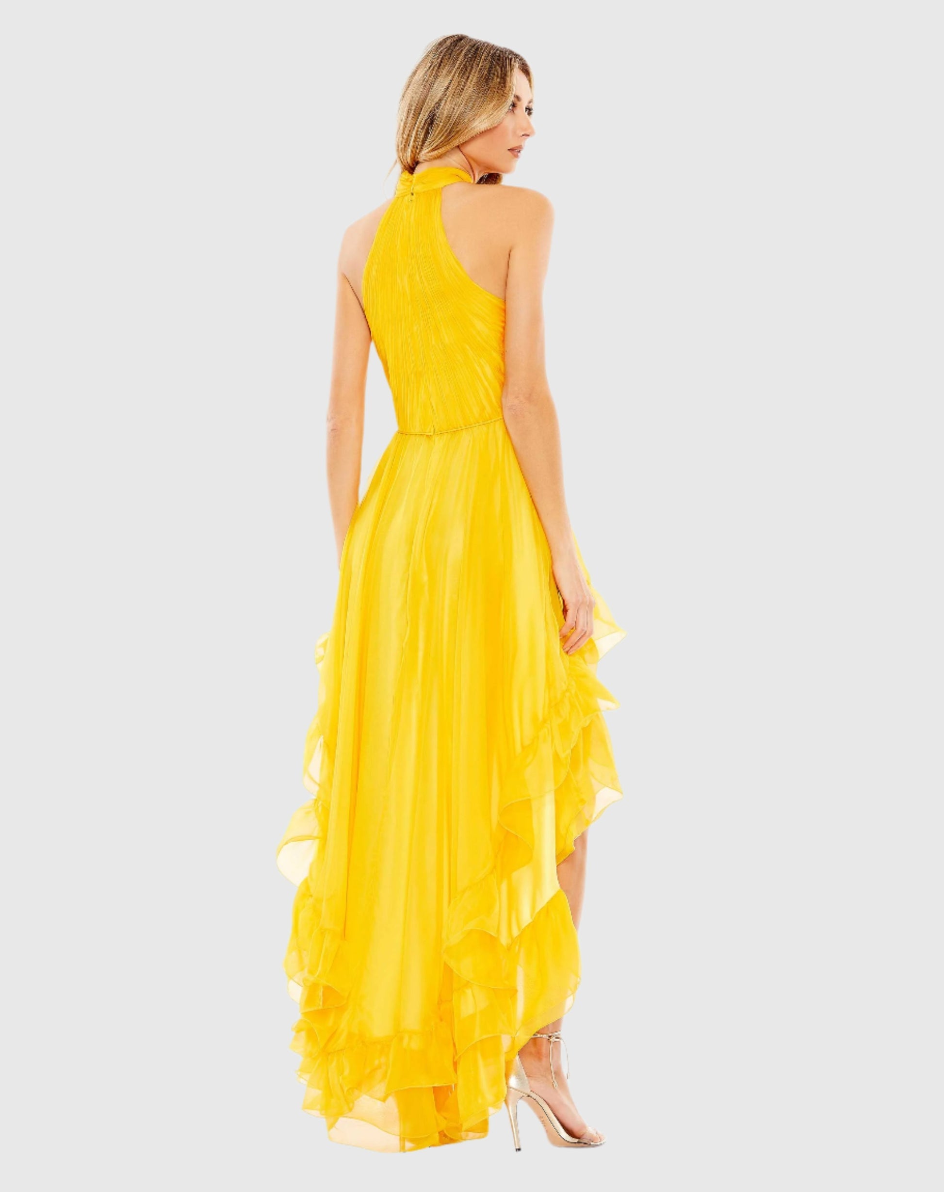 Ruffle Tiered High Low Pleated Halter Neck Gown - Tangerine