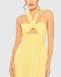 Ruched halter strap keyhole chiffon gown - Yellow