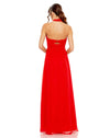 RUCHED HALTER STRAP KEYHOLE CHIFFON GOWN red back