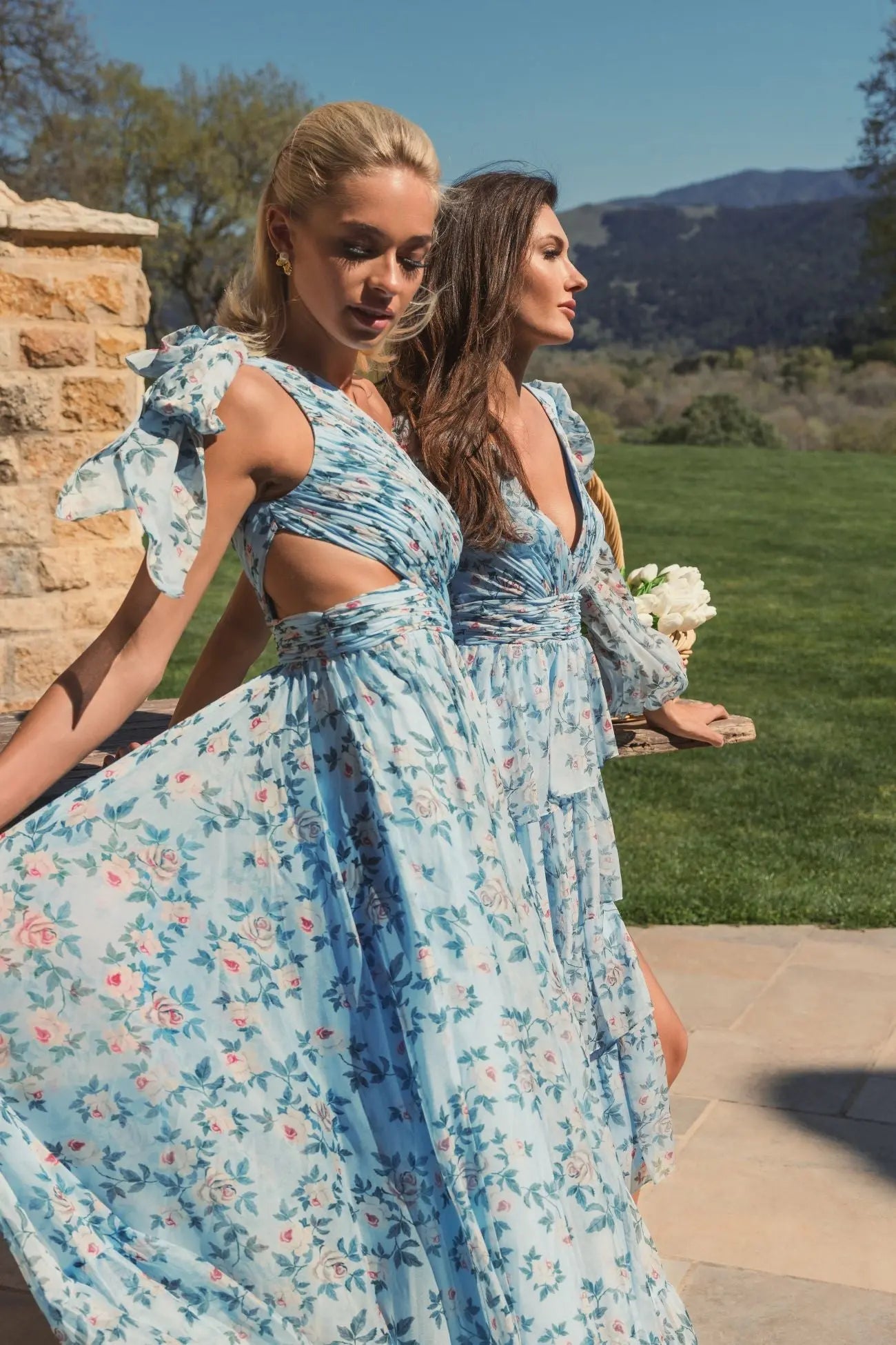 Floral Chiffon One Shoulder Gown - Aqua