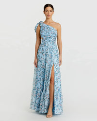Mac Duggal Blue Floral Chiffon One Shoulder Gown Aqua Multi #56051