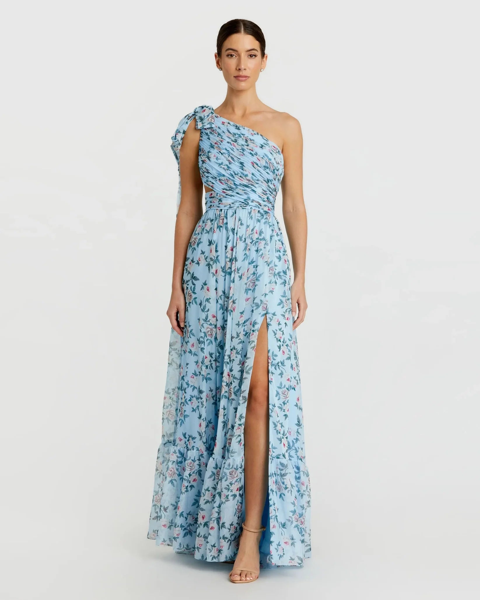 Mac Duggal Blue Floral Chiffon One Shoulder Gown Aqua Multi #56051