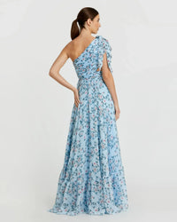 Floral Chiffon One Shoulder Gown - Aqua
