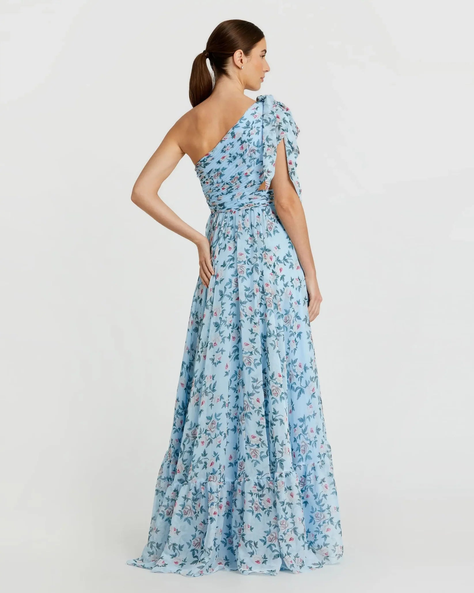 Floral Chiffon One Shoulder Gown - Aqua