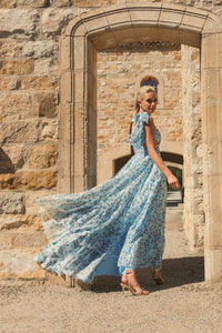 Floral Chiffon One Shoulder Gown - Aqua