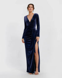 Mac Duggal #56143 Long Sleeve Deep V Draped Velvet Gown Blue