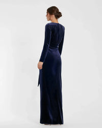 Long Sleeve Deep V Draped Velvet Gown - Blue