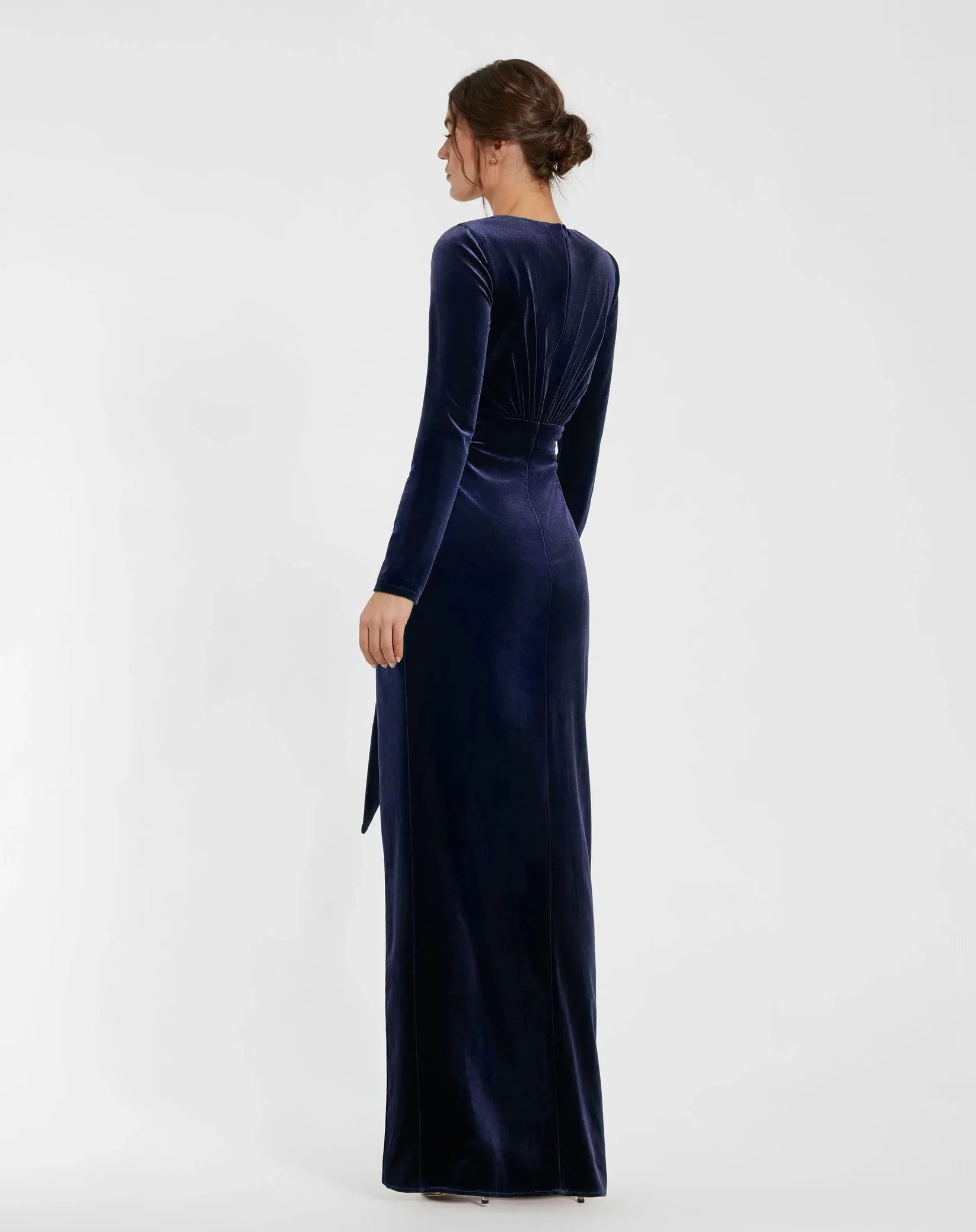 Long Sleeve Deep V Draped Velvet Gown - Blue