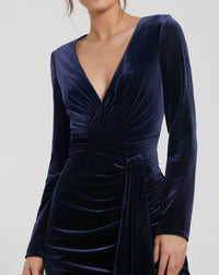 Long Sleeve Deep V Draped Velvet Gown - Blue