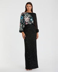 Mac Duggal, long sleeve Sequin Embellished Floral Modest Gown - Black #5615