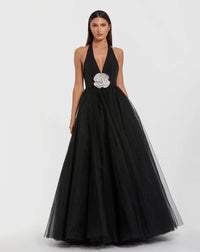 Mac Duggal Black Halter Neck Ballgown with Rhinestone Flower Black #56187