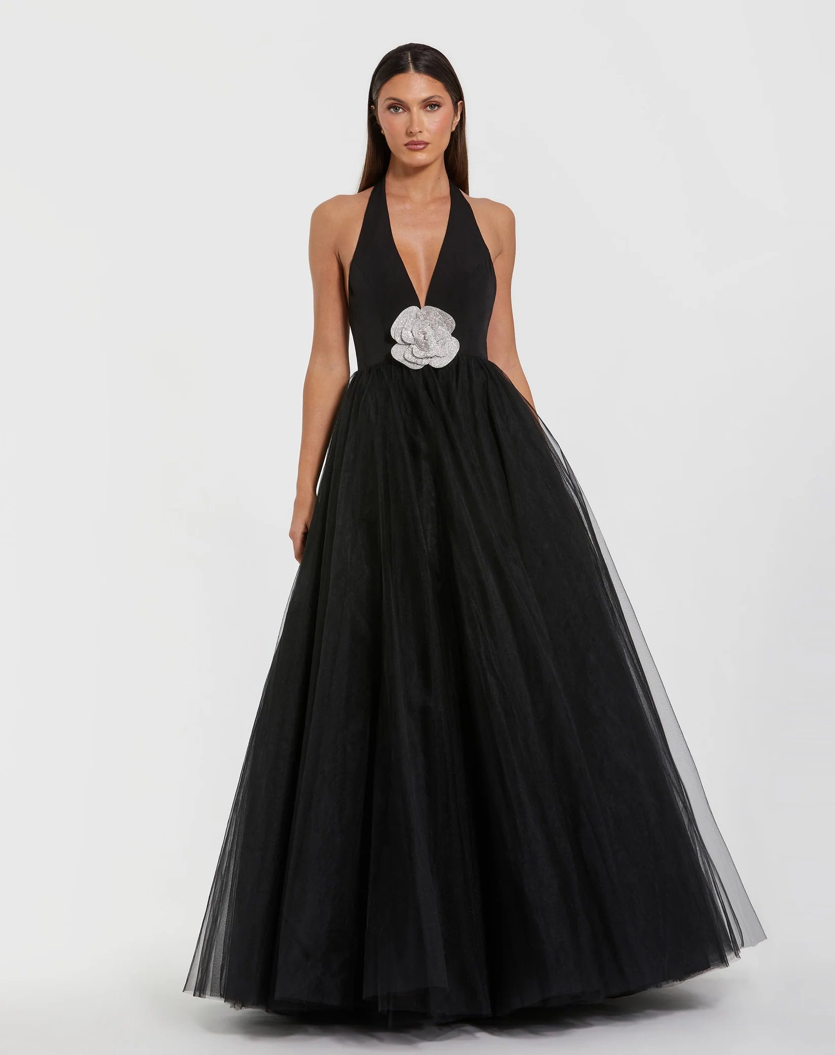 Mac Duggal Black Halter Neck Ballgown with Rhinestone Flower Black #56187