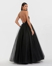 Halter Neck Ballgown with Rhinestone Flower - Black